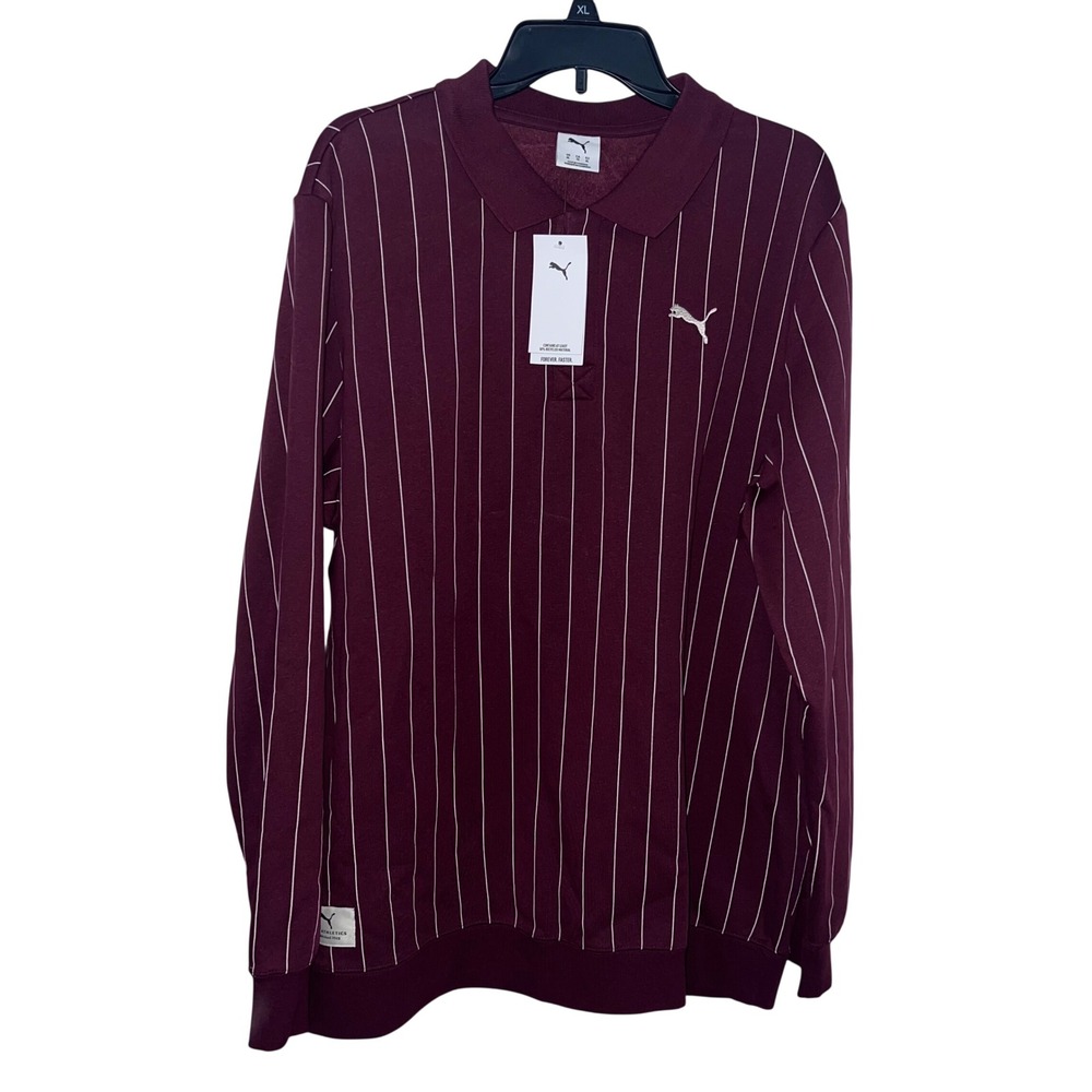 Puma Athletics Mens XL Burgundy Pinstripe Long Sleeve Polo Sweatshirt Streetwear